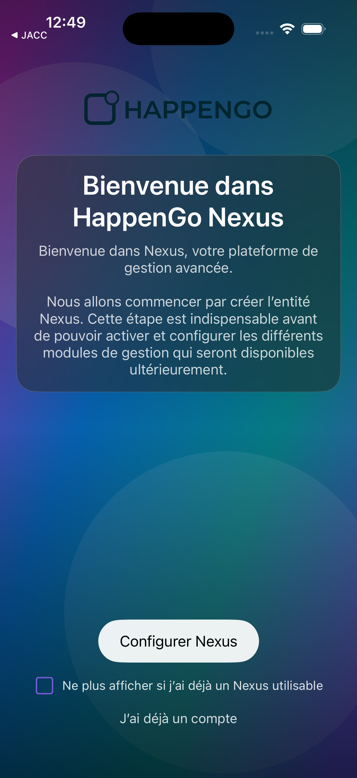 Capture réelle de l'application iOS HappenGo Nexus