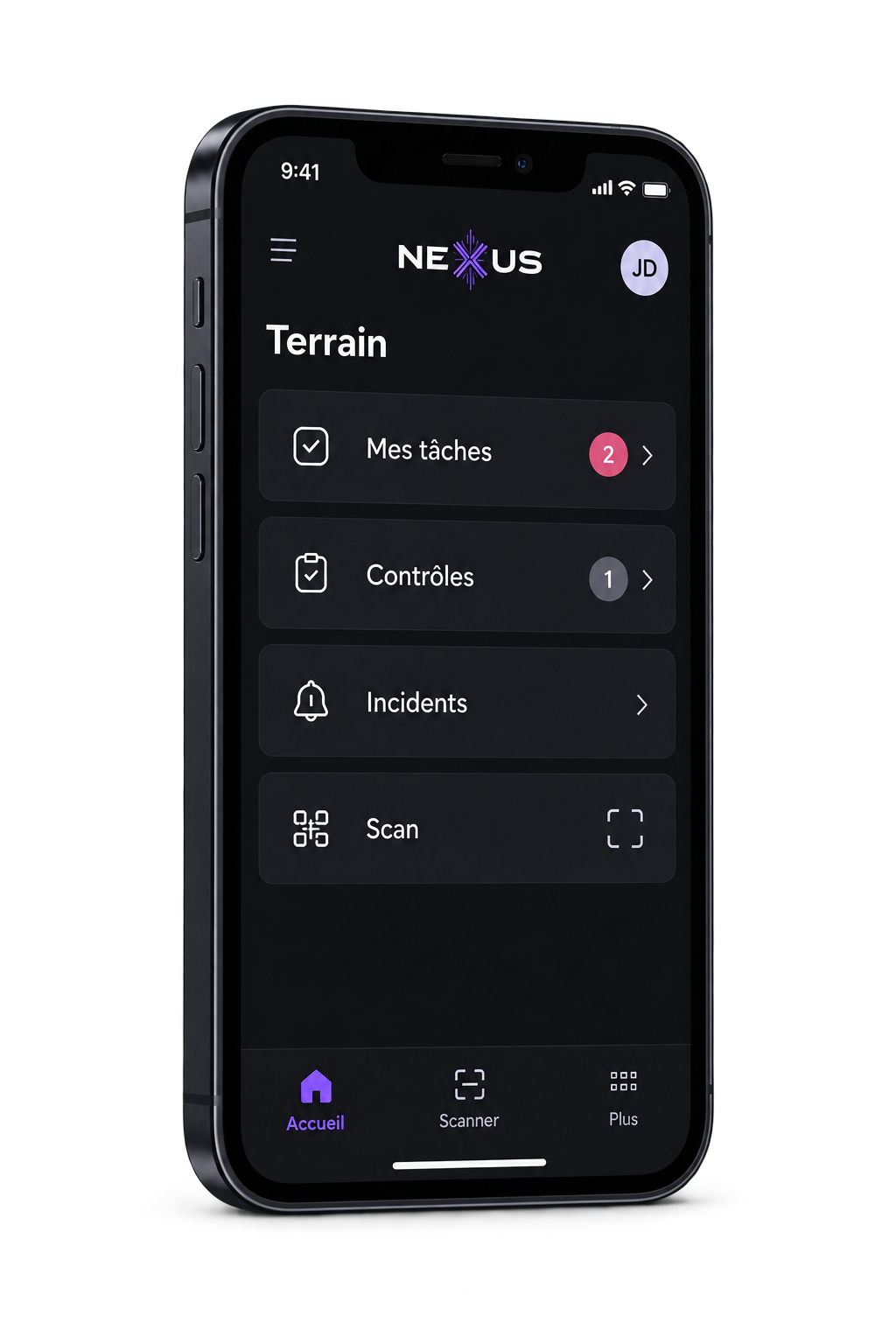 Concept de l'application Nexus sur iPhone en mode sombre